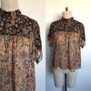 ZARA SEMI-SHEER FLORAL HIGH NECK SHORT SLEEVED - S